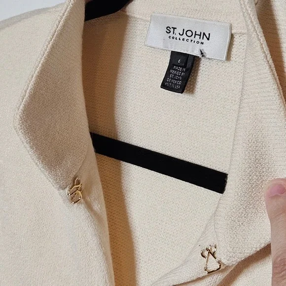 St. John Collection Wool Blend Knit Studded Career Ivory Neutral Cardigan Size 6